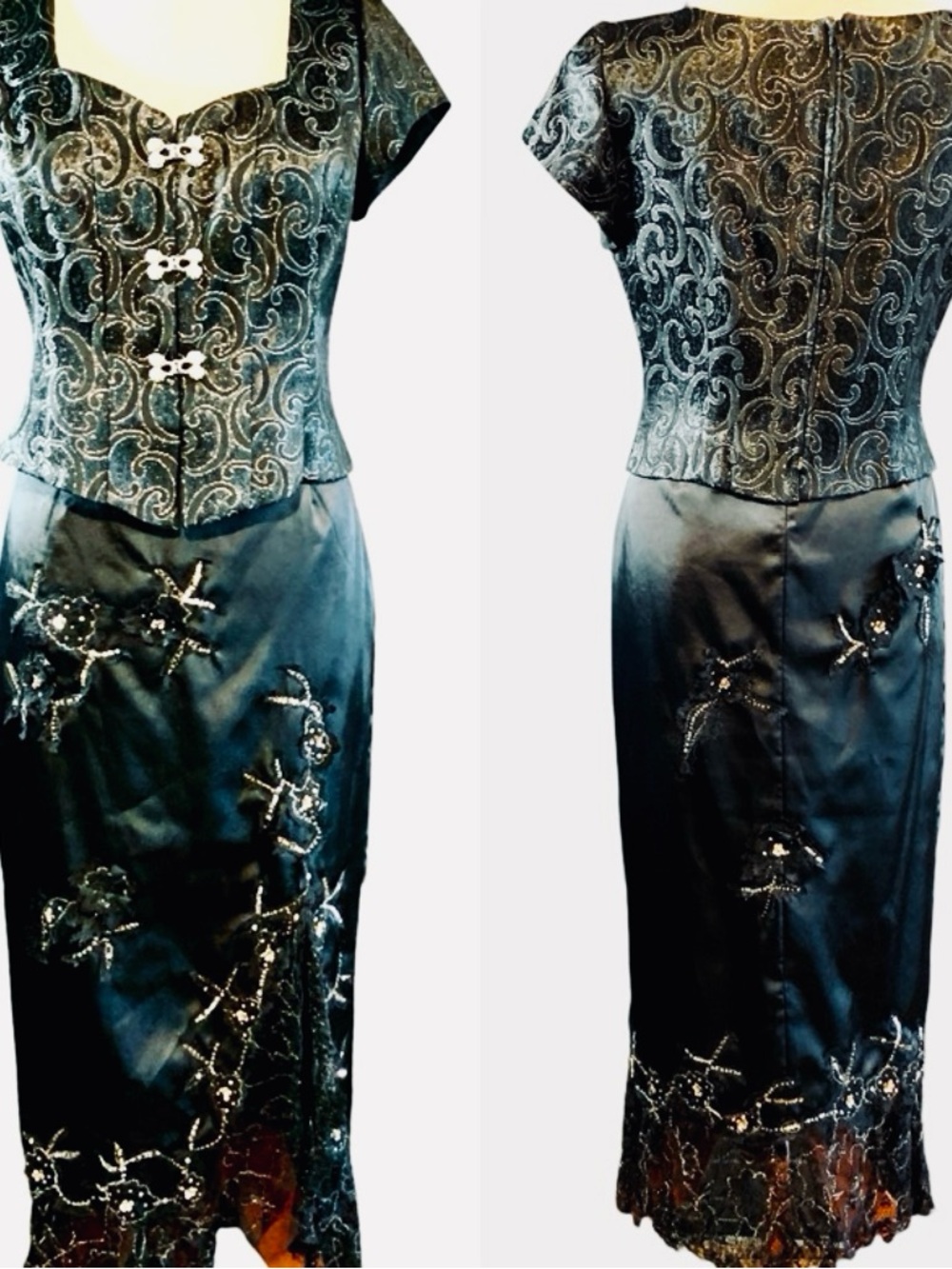 VTG Womens Y2K Sexy Goth Glam Date Night 2-Piece Top & Skirt Black & Silver XS-M